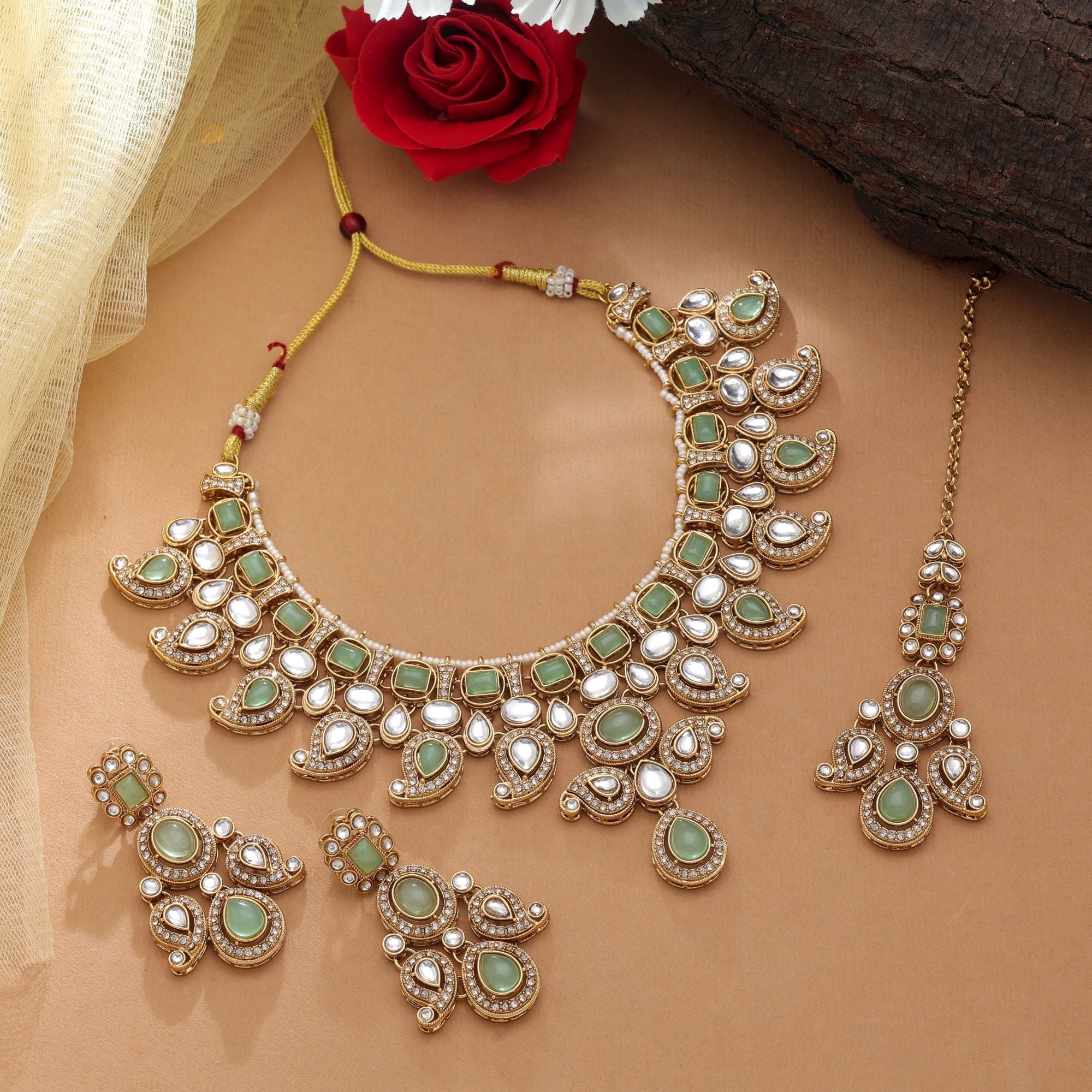Premium Pista Green Kundan Necklace Set