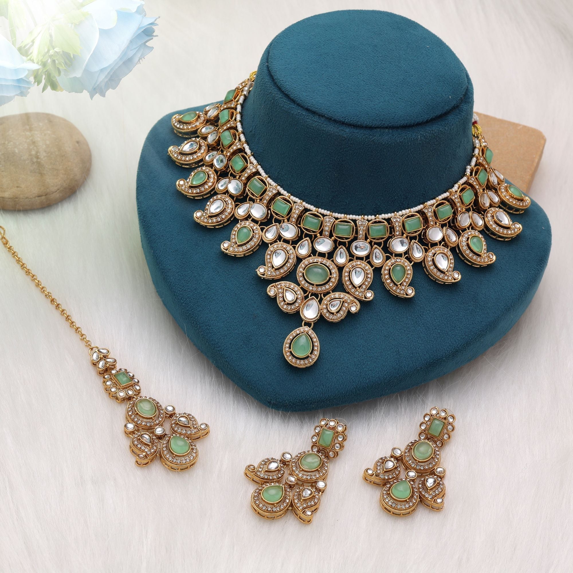 Premium Pista Green Kundan Necklace Set