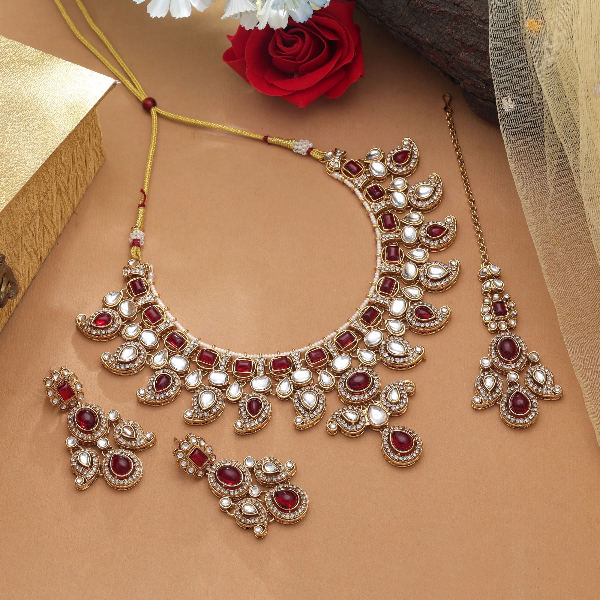 Stunning Red Kundan Necklace Set