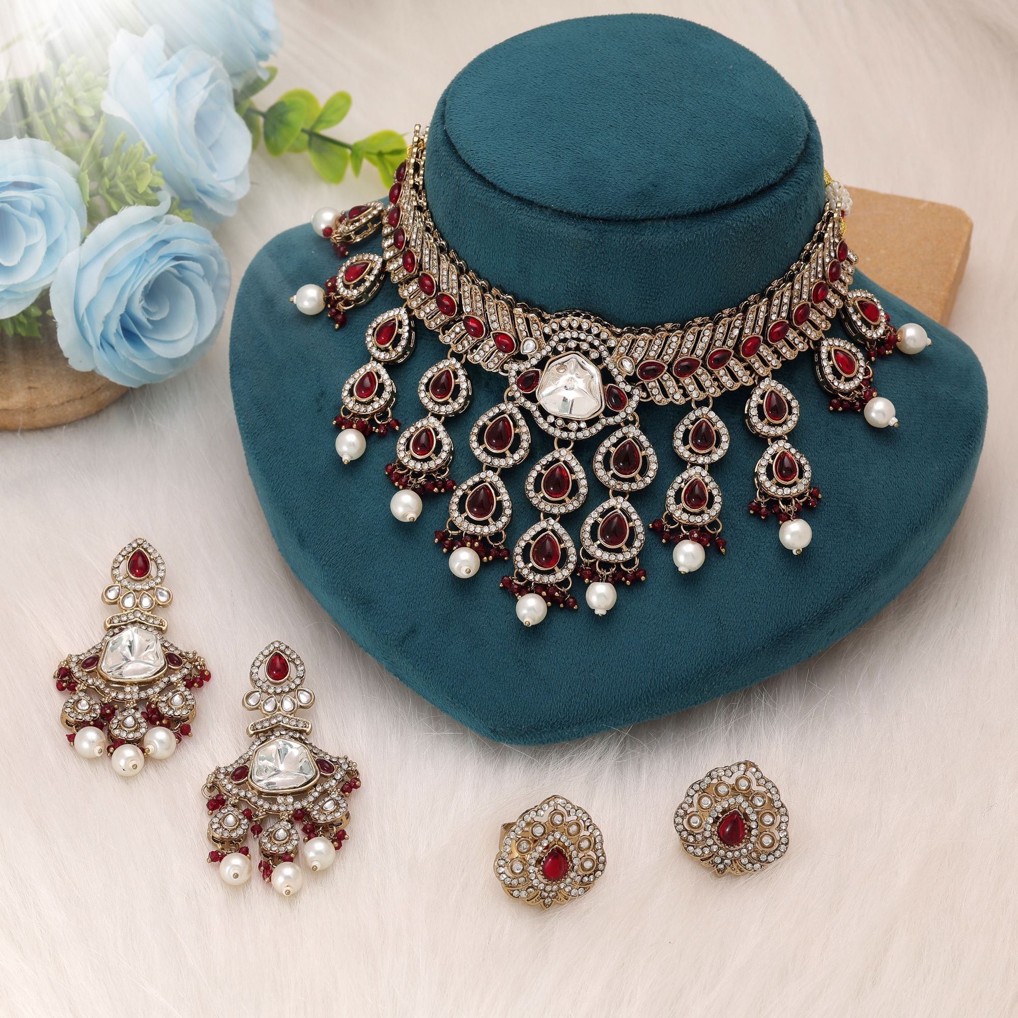 Beautiful Red Kundan Necklace Set