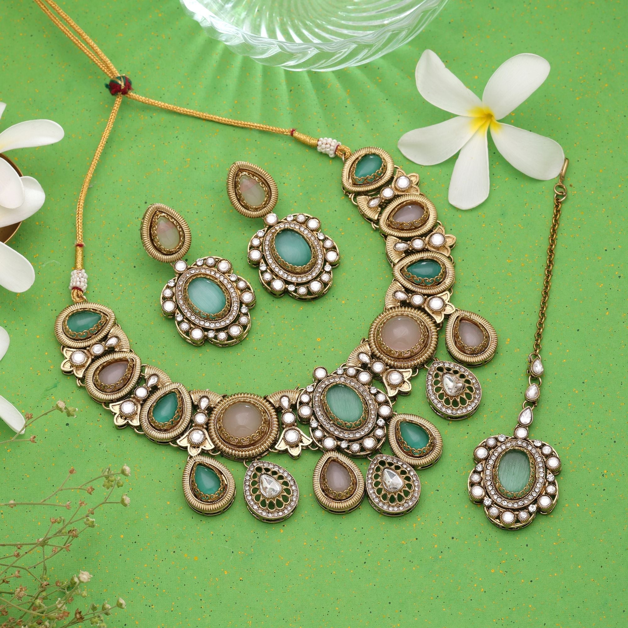 Light Pink & Light Green Color Handmade Kundan Jewellery Set