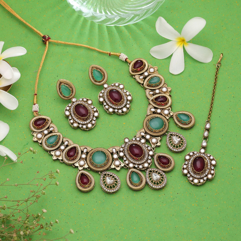 Maroon & Light Green Color Kundan Jewellery Set
