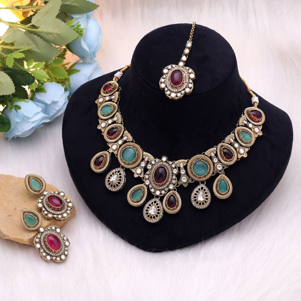 Maroon & Light Green Color Kundan Jewellery Set
