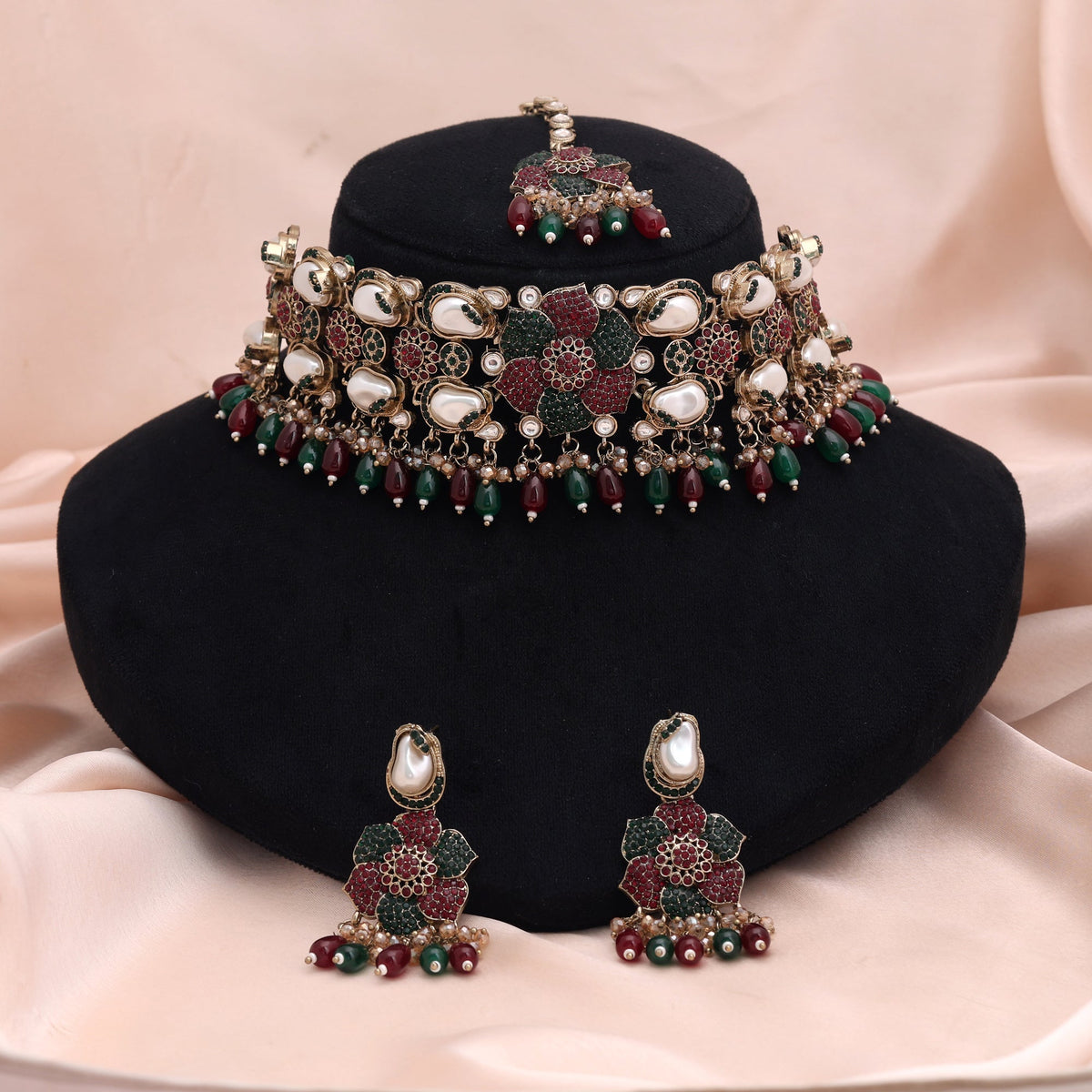 Traditional Maroon Green Color Turkish Kundan Necklace Set For Ethnic Celebration Wear
