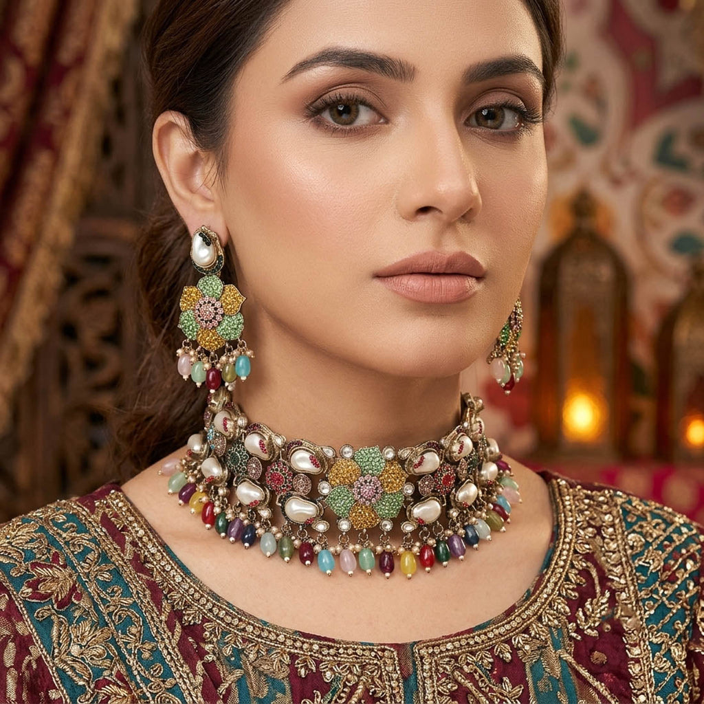 Radiant Multi Color Turkish Kundan Necklace Set For Rainbow Festive Ethnic Looks