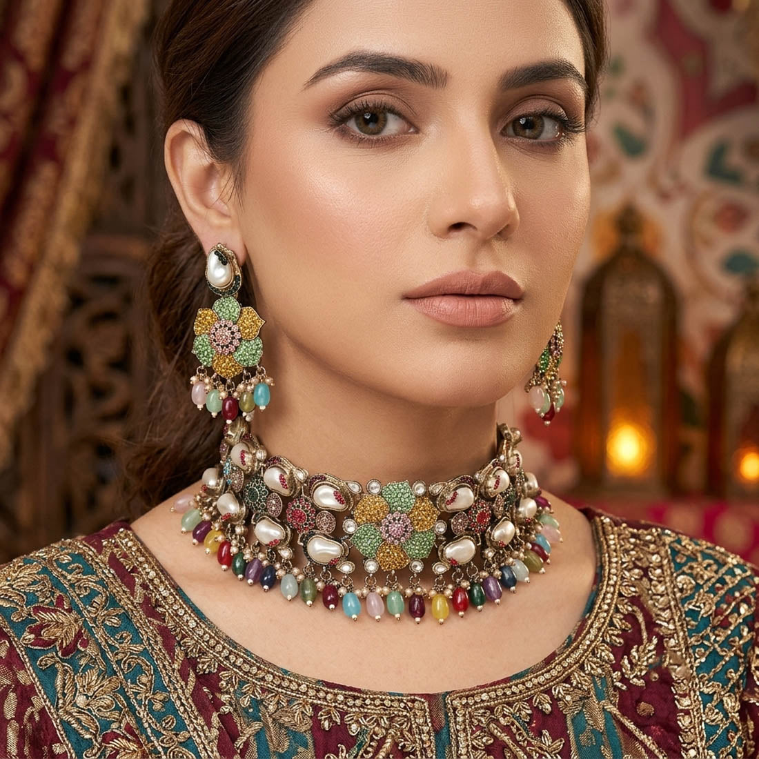 Radiant Multi Color Turkish Kundan Necklace Set For Rainbow Festive Ethnic Looks