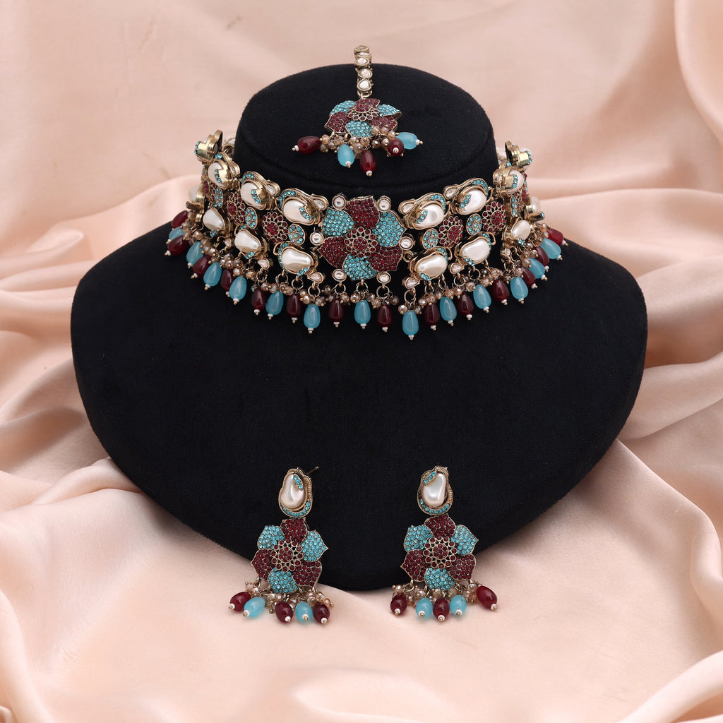 Exquisite Rama Green Maroon Color Turkish Kundan Necklace Set For Grand Receptions
