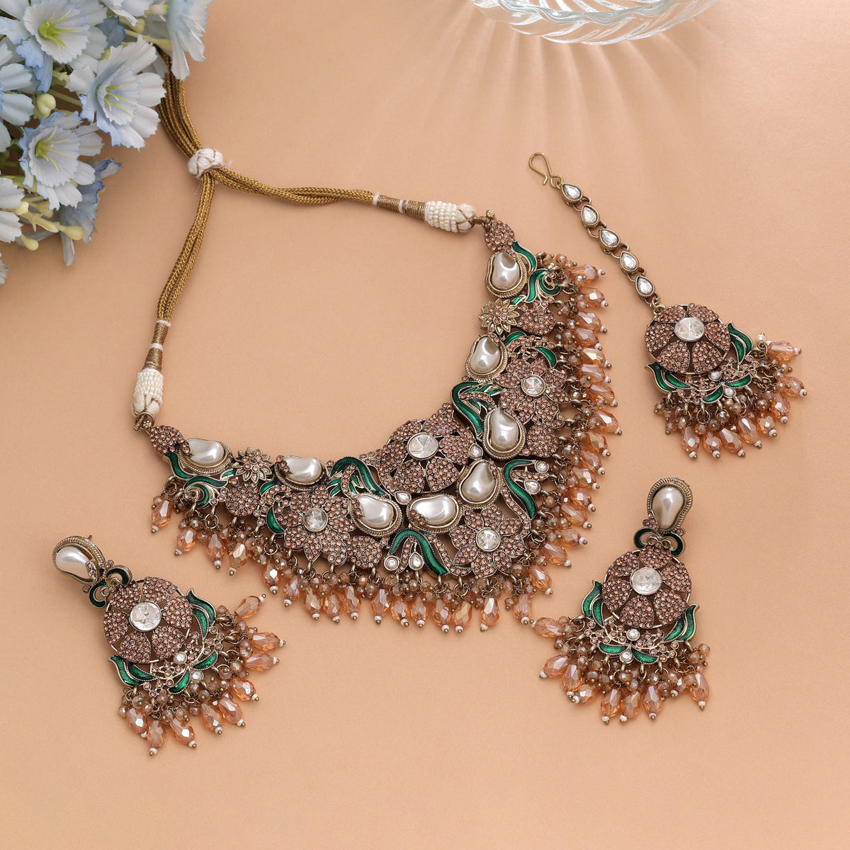 Opulent Metallic Gold Color Turkish Kundan Necklace Set For Festive Evening Parties