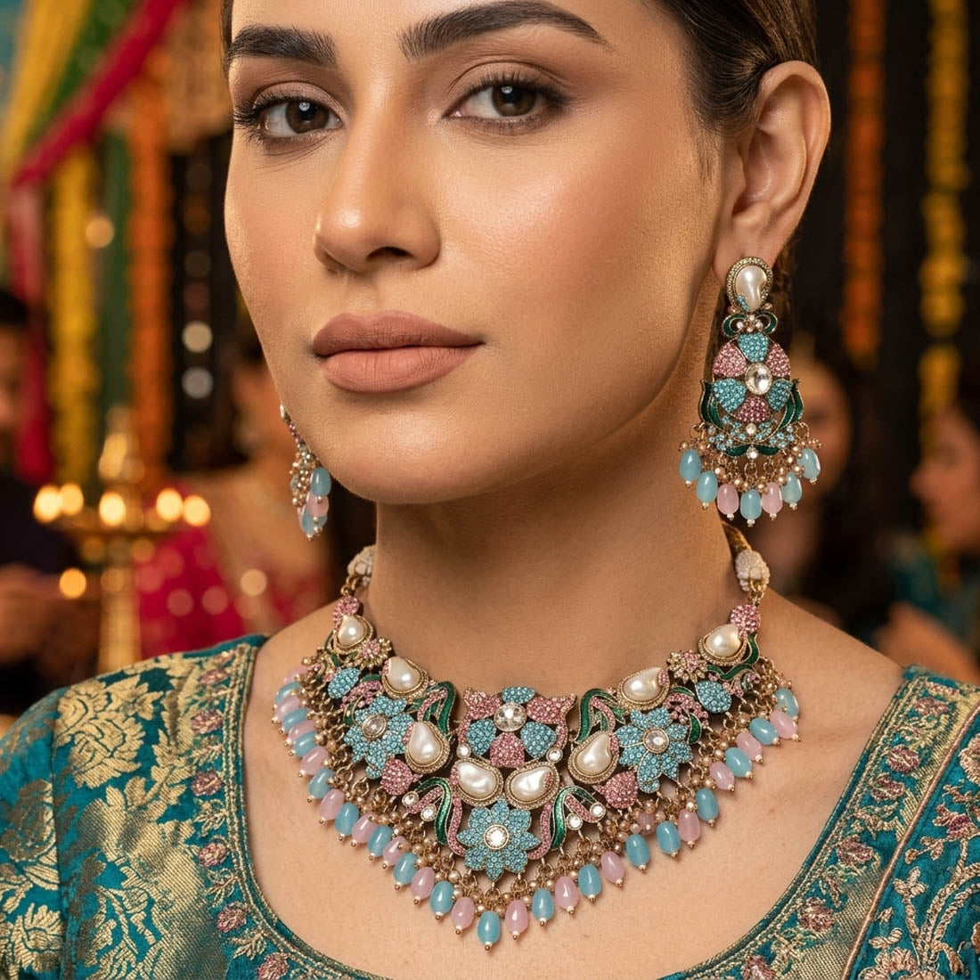 Lovely Pastel Light Pink Rama Green Color Turkish Kundan Necklace Set For Events