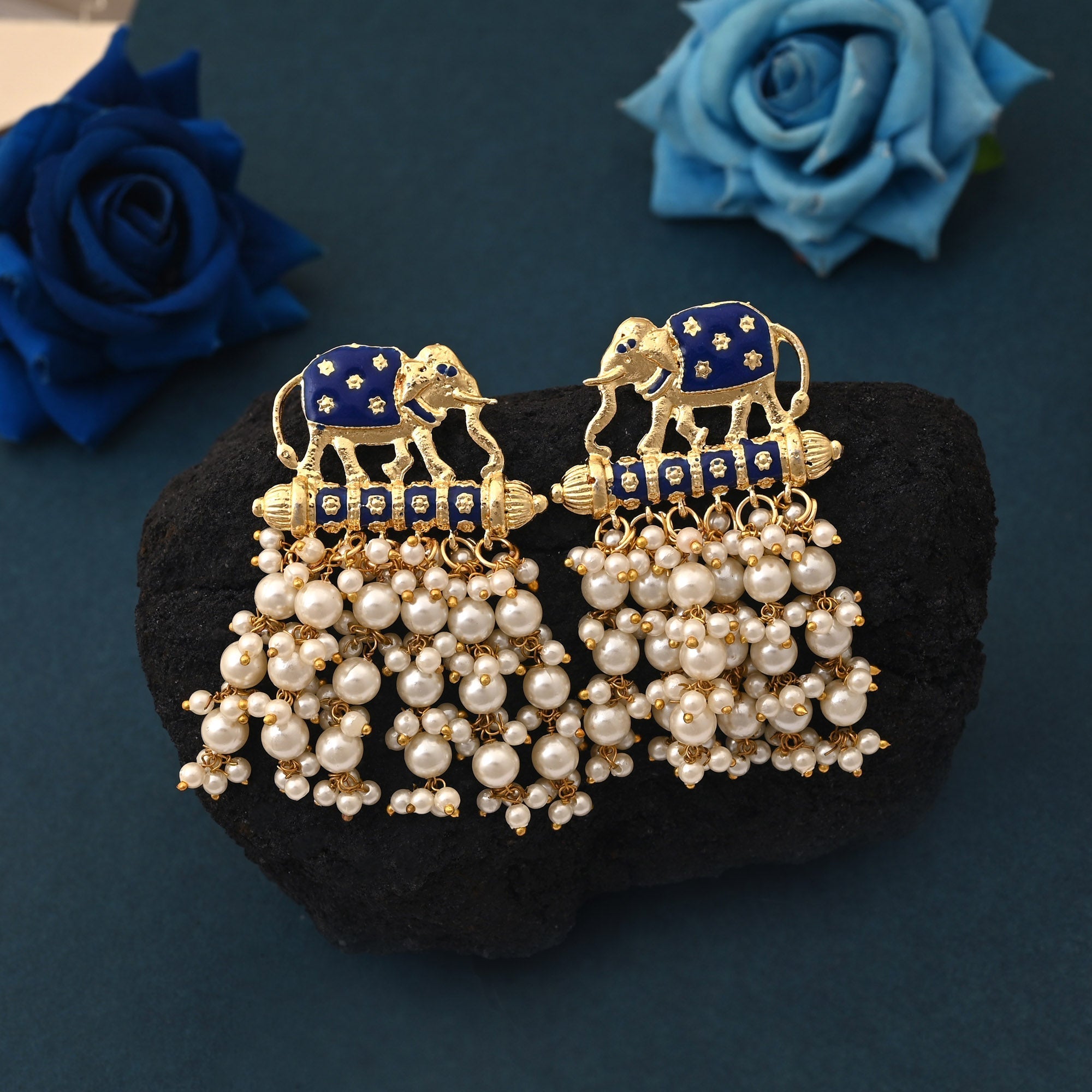 Attractive Blue Color Elephant Design Meenakari Earrings Crafted With Premium Artistic Finish