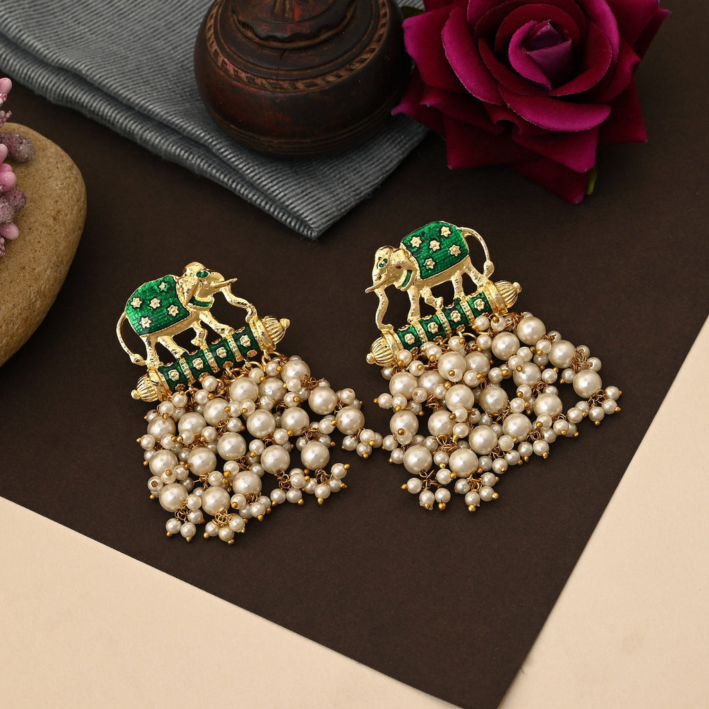 Beautiful Green Color Elephant Design Meenakari Earrings For Women’S Traditional Jewelry Collection