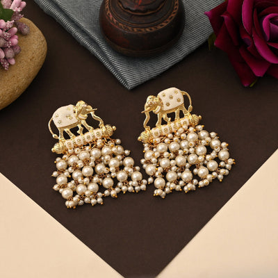 Elegant White Color Elephant Design Meenakari Earrings With Traditional Handcrafted Detailing