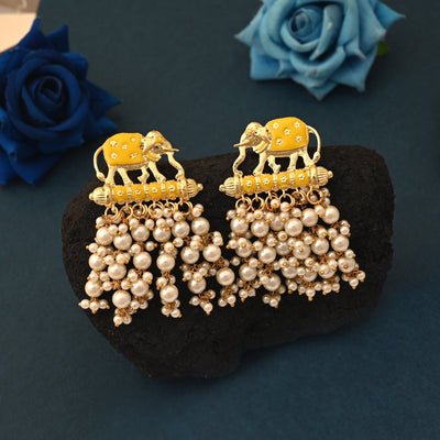 Stunning Yellow Color Elephant Design Meenakari Earrings For Festive And Wedding Occasions