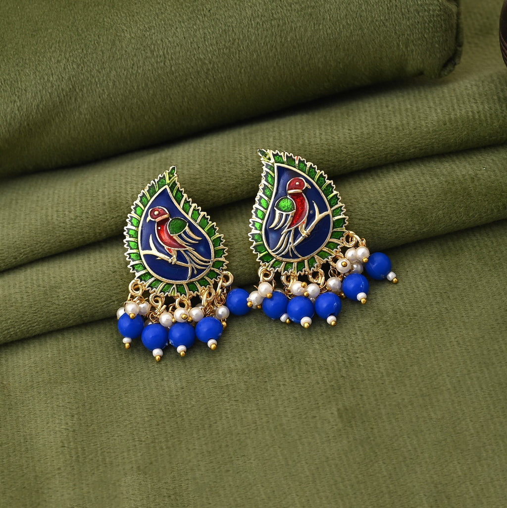 Stunning Blue Color Meenakari Earrings With Intricate Handpainted Enamel Work For Women