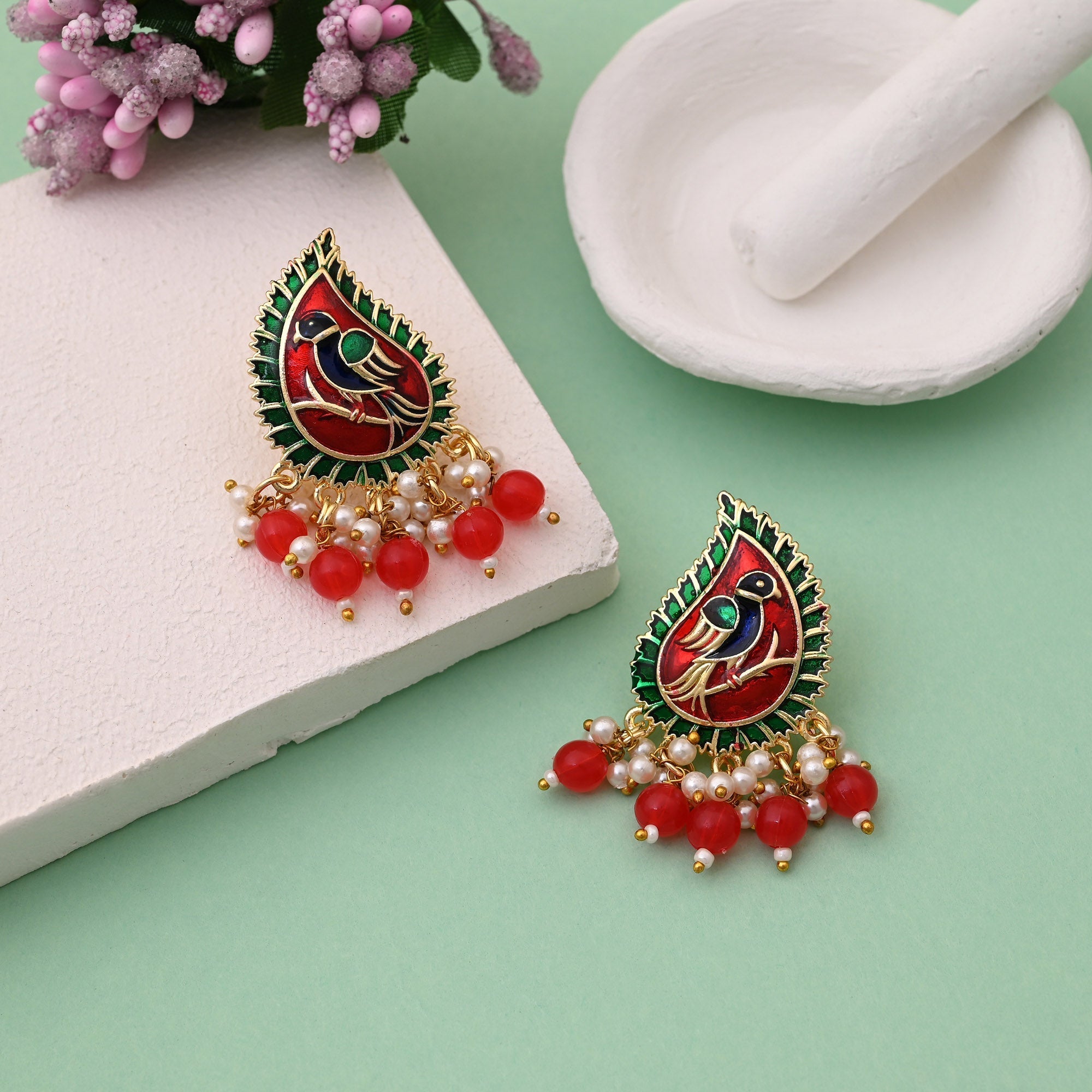 Stylish Red Color Meenakari Earrings Designed For Bridal Wear And Festive Outfits
