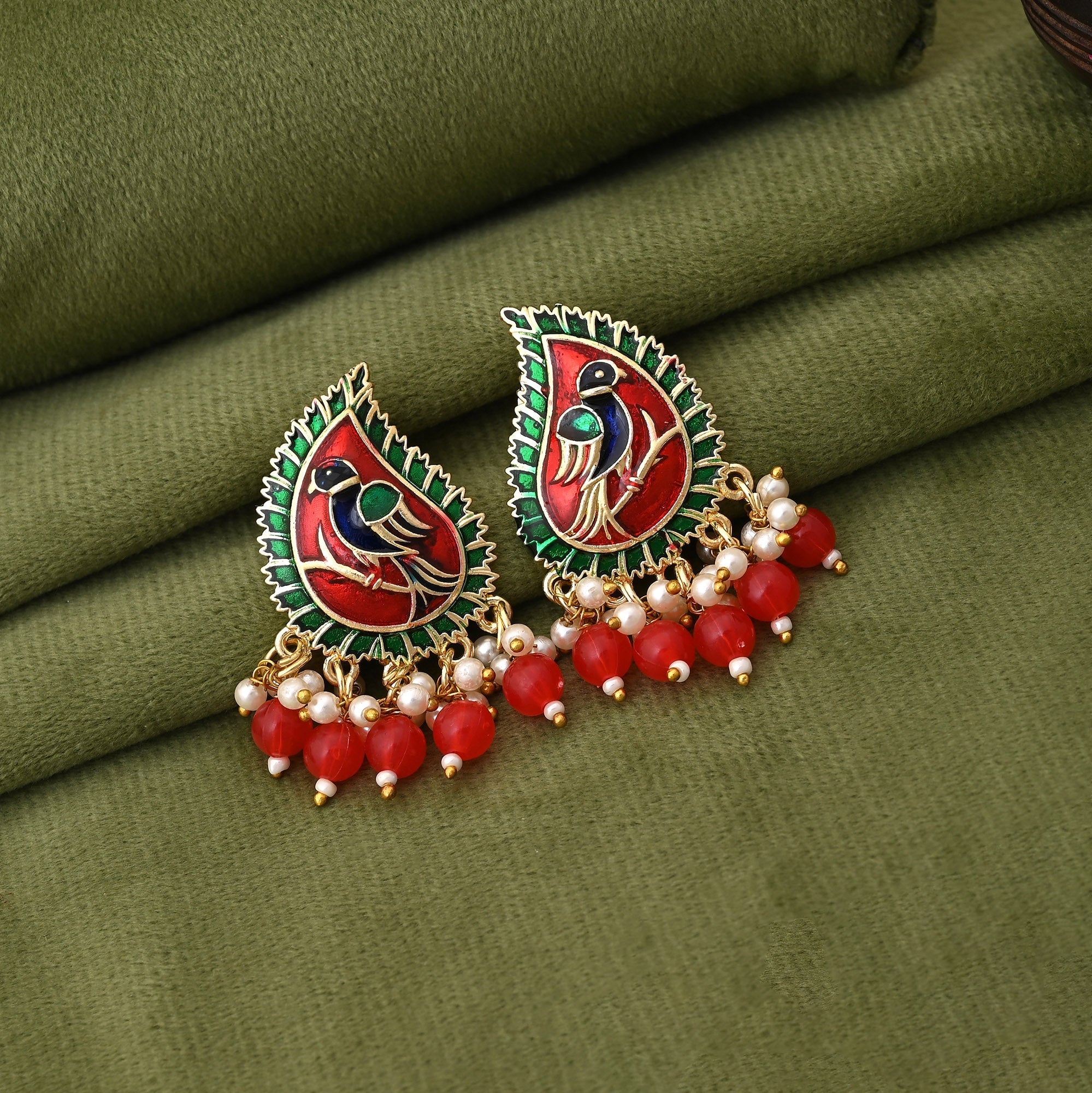 Stylish Red Color Meenakari Earrings Designed For Bridal Wear And Festive Outfits