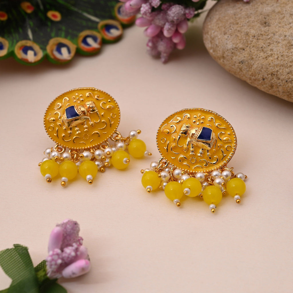 Traditional Yellow Color Elephant Design Meenakari Earrings With Beautifully Handcrafted Enamel Art