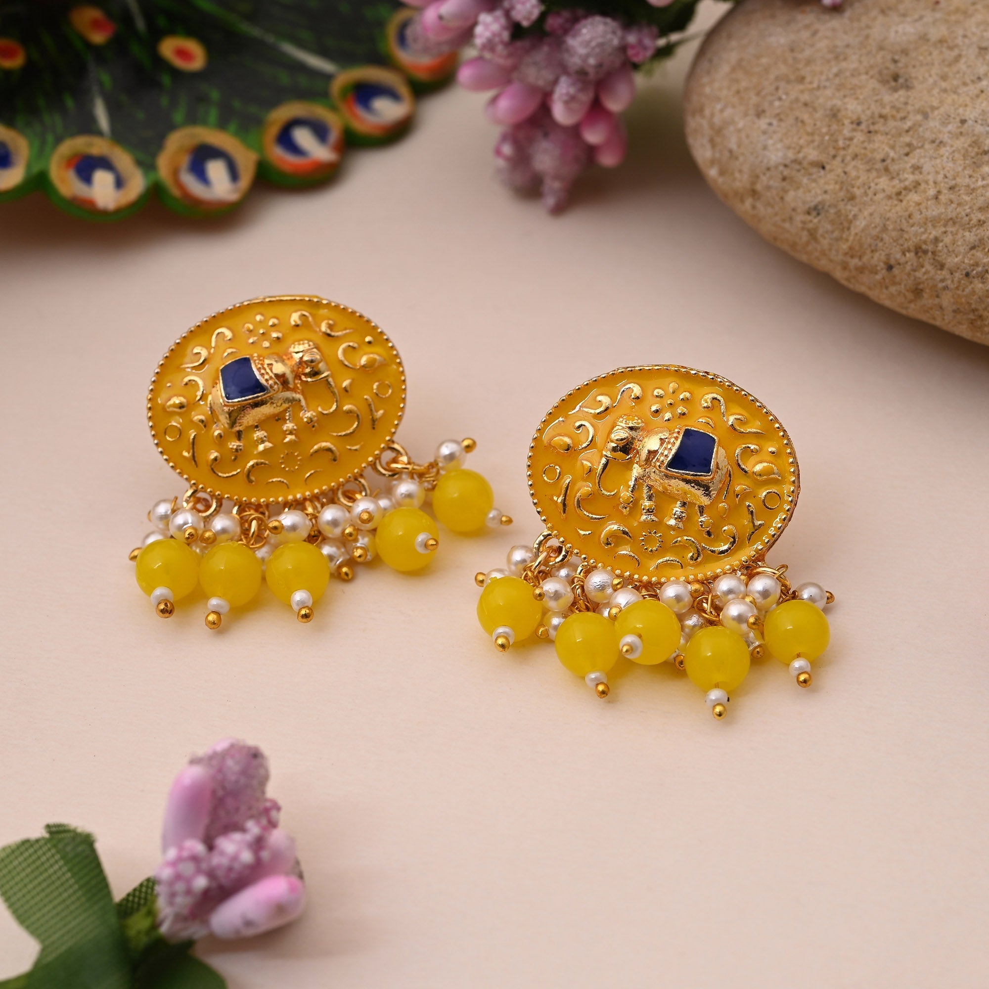 Traditional Yellow Color Elephant Design Meenakari Earrings With Beautifully Handcrafted Enamel Art