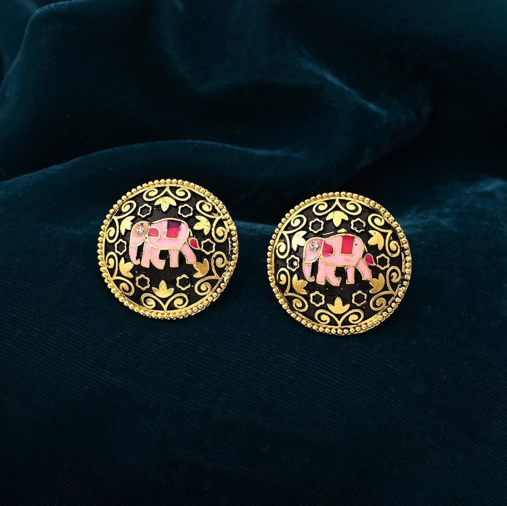 Elegant Black Color Mint Meena Elephant Design Meenakari Earrings With Intricate Finish