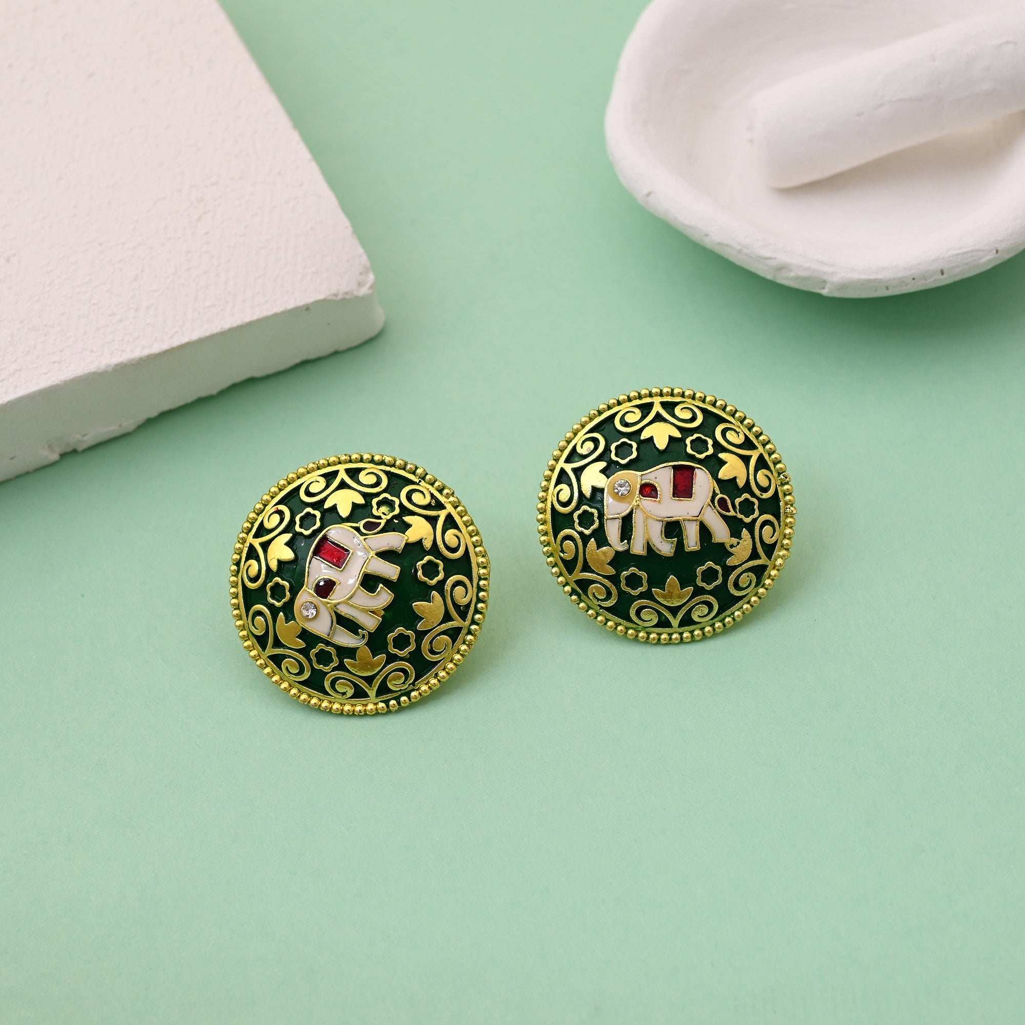 Attractive Green Color Mint Meena Elephant Design Meenakari Earrings With Handcrafted Detailing