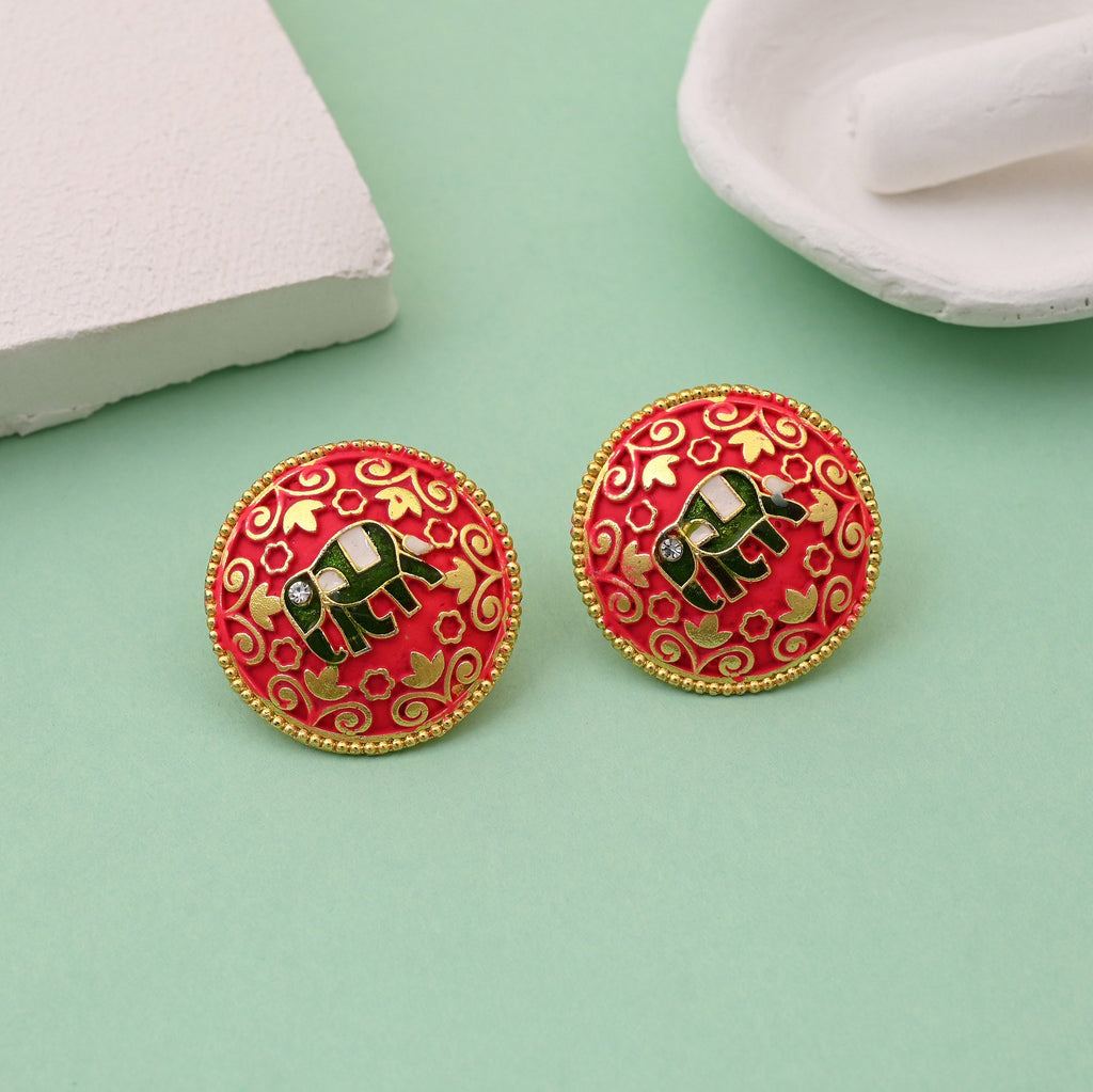 Gorgeous Rani Color Mint Meena Elephant Design Meenakari Earrings For Special Occasions