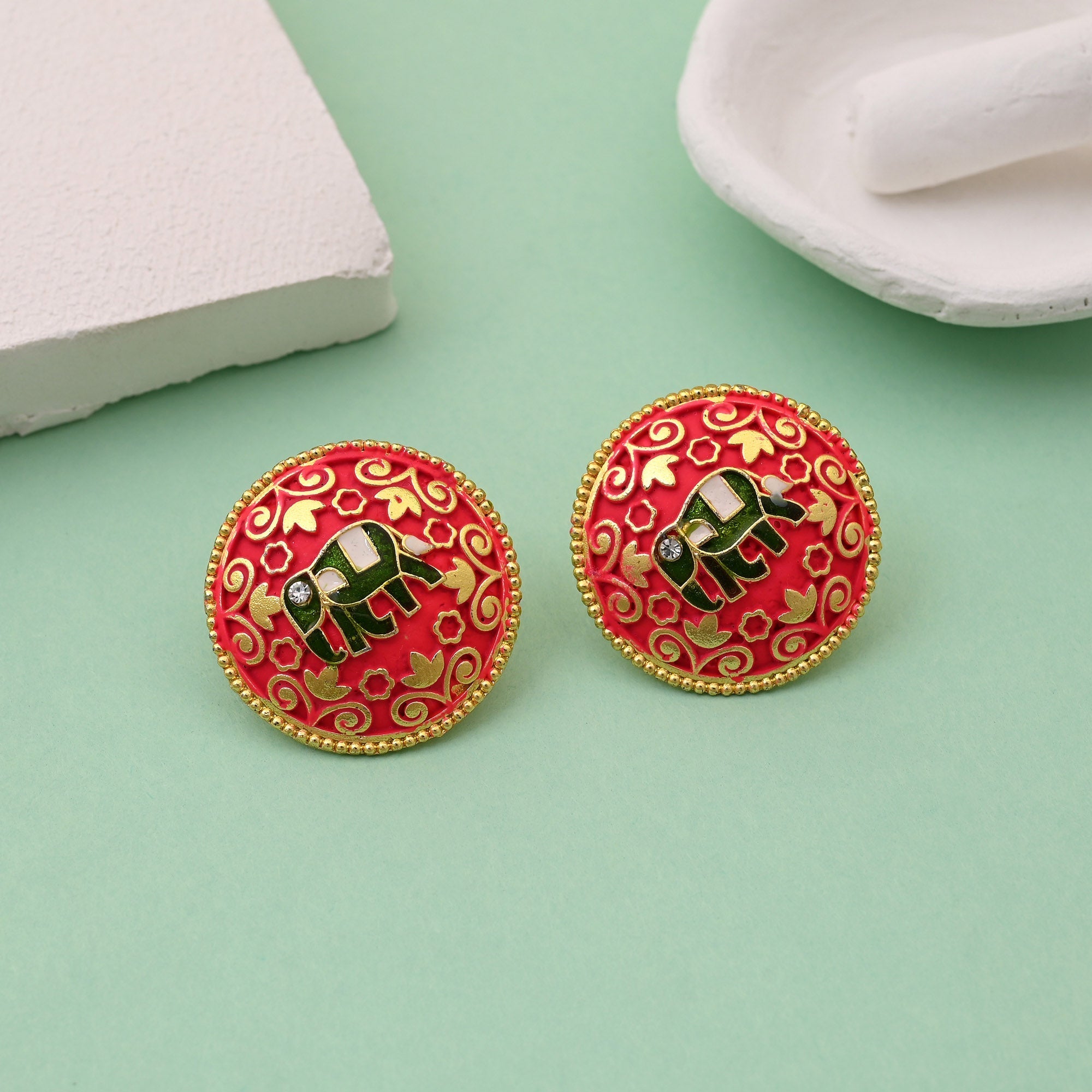 Gorgeous Rani Color Mint Meena Elephant Design Meenakari Earrings For Special Occasions