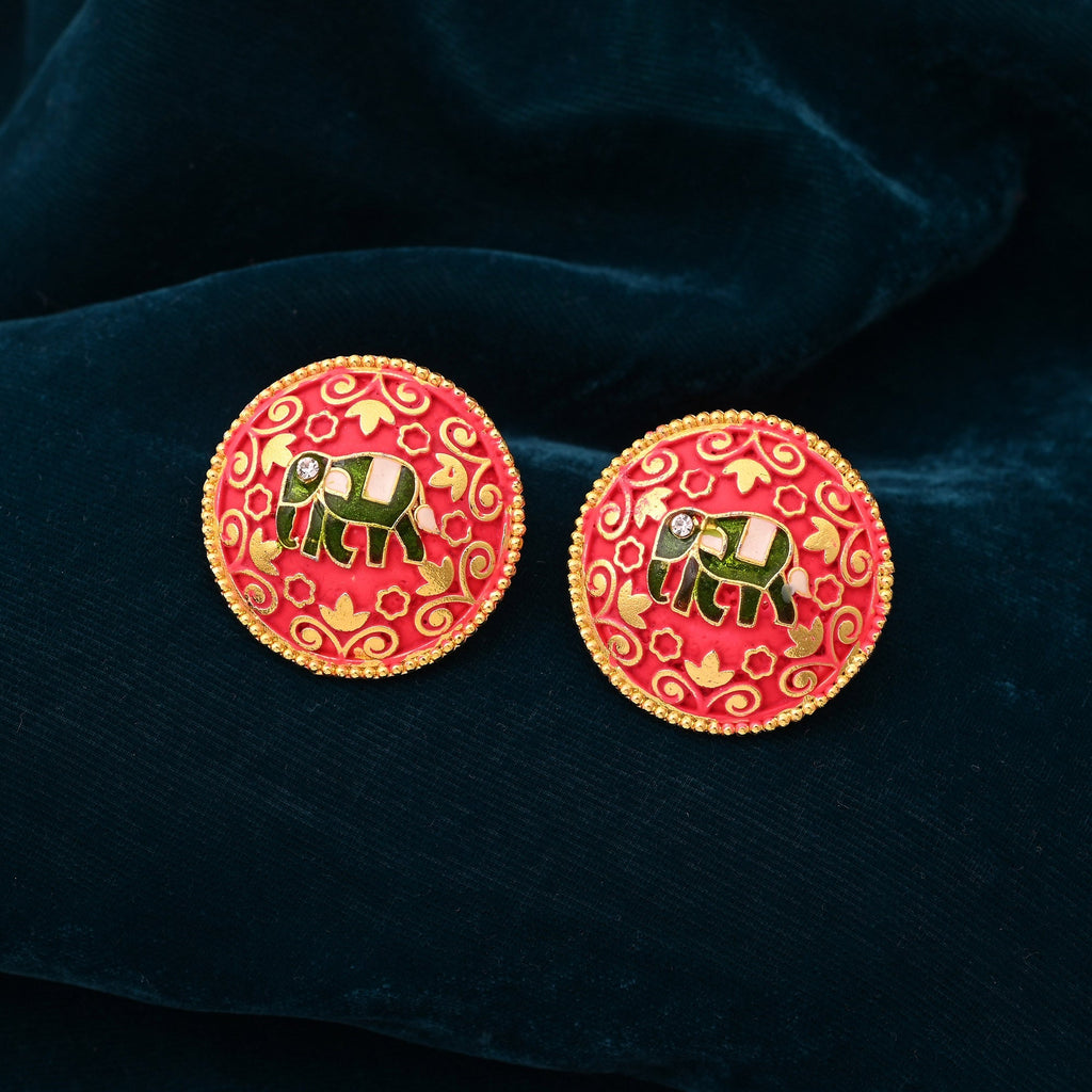 Gorgeous Rani Color Mint Meena Elephant Design Meenakari Earrings For Special Occasions