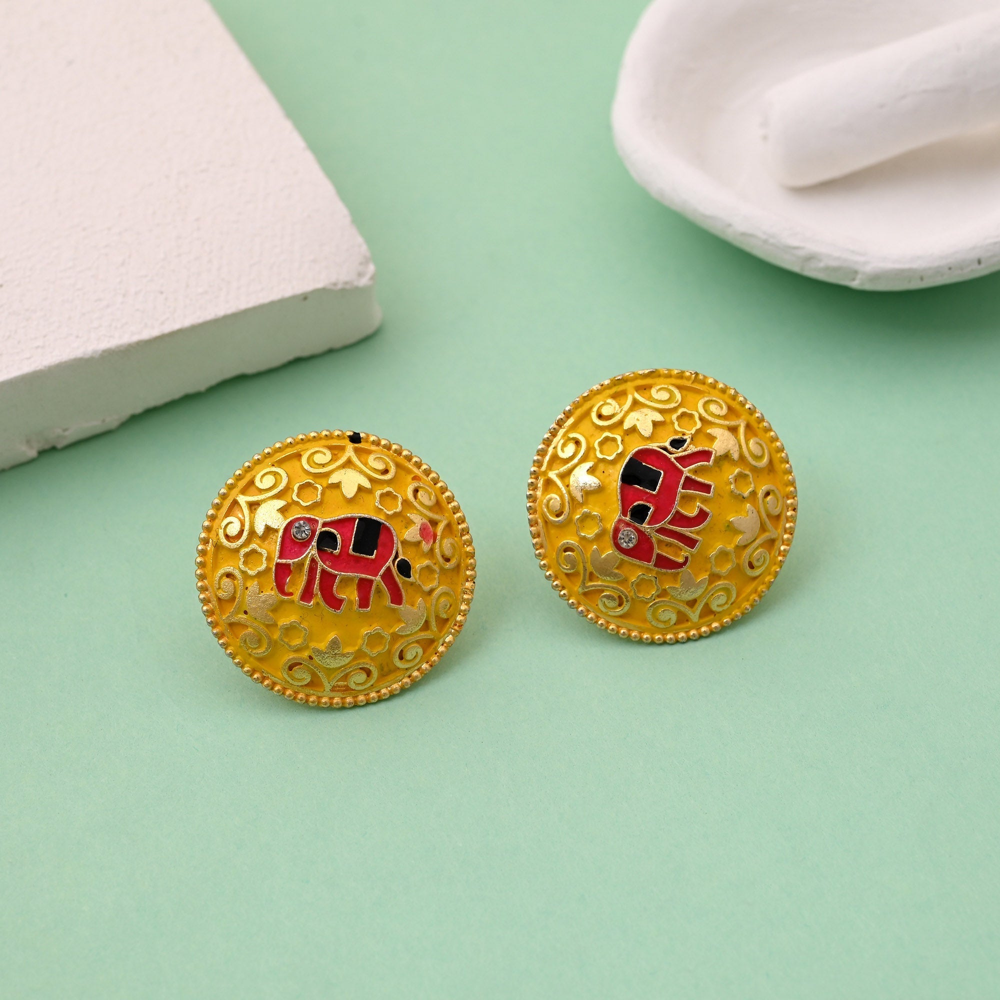Royal Yellow Color Mint Meena Elephant Design Meenakari Earrings With Exquisite Work