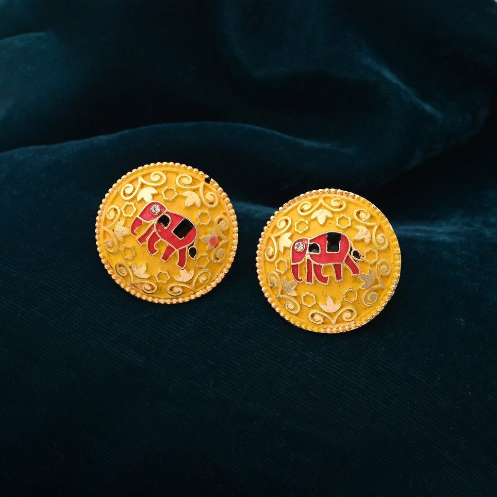 Royal Yellow Color Mint Meena Elephant Design Meenakari Earrings With Exquisite Work