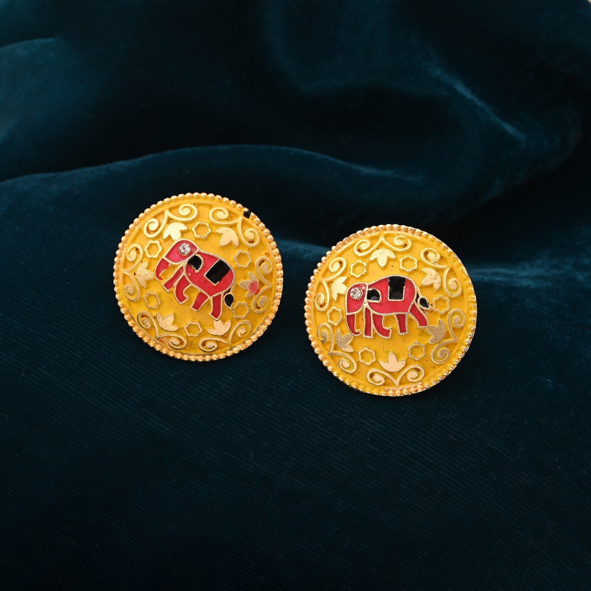 Royal Yellow Color Mint Meena Elephant Design Meenakari Earrings With Exquisite Work