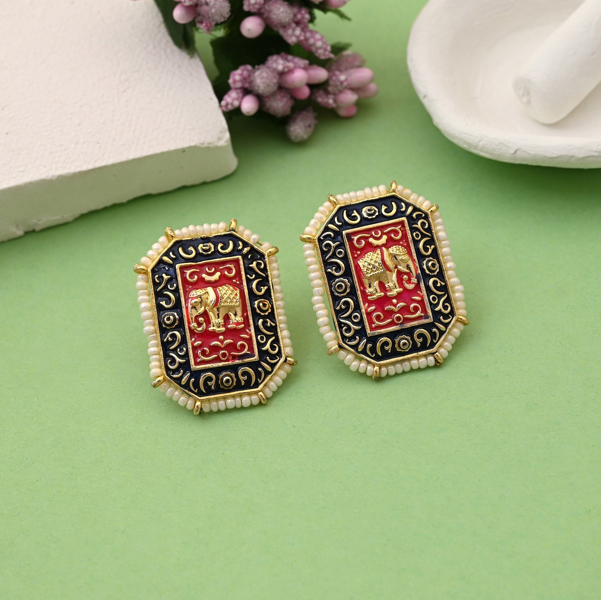 Stylish Black Color Elephant Design Meenakari Earrings Perfect For Indian Traditional Outfits