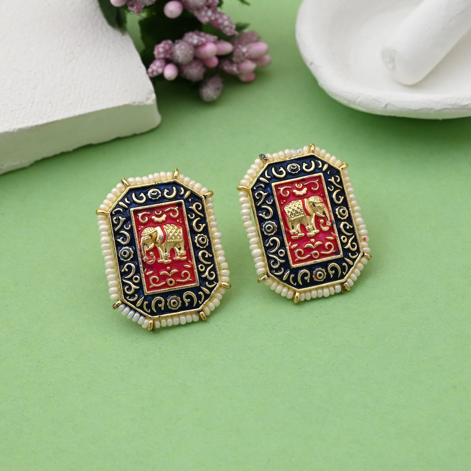 Attractive Blue Color Elephant Design Meenakari Earrings With Fine Detailing For Ethnic Wear