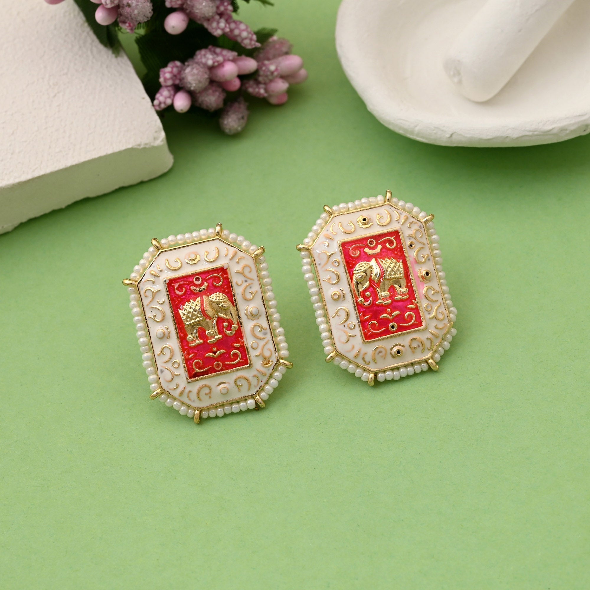 Gorgeous White Color Elephant Design Meenakari Earrings Crafted For Party And Wedding Wear