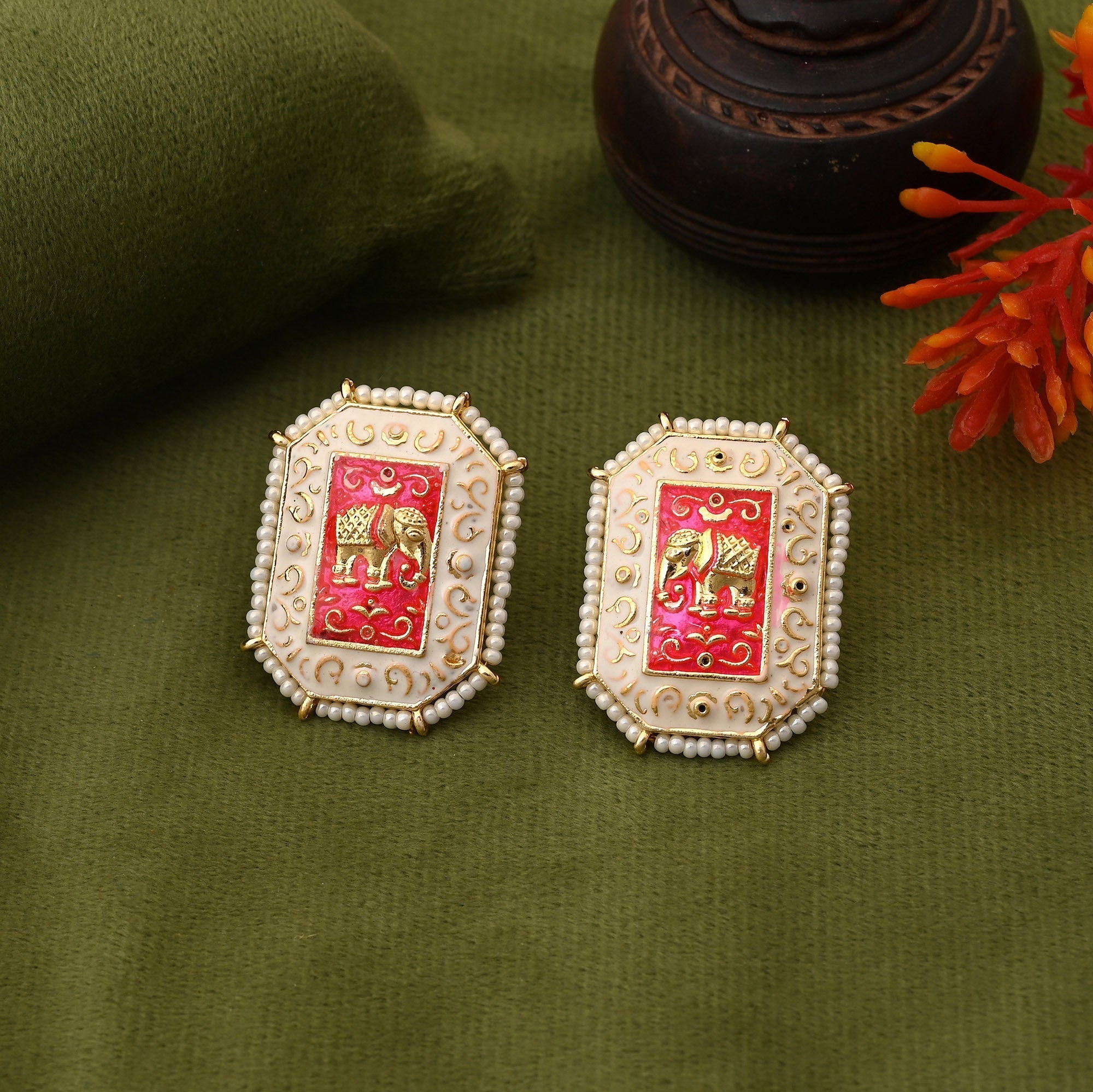 Gorgeous White Color Elephant Design Meenakari Earrings Crafted For Party And Wedding Wear