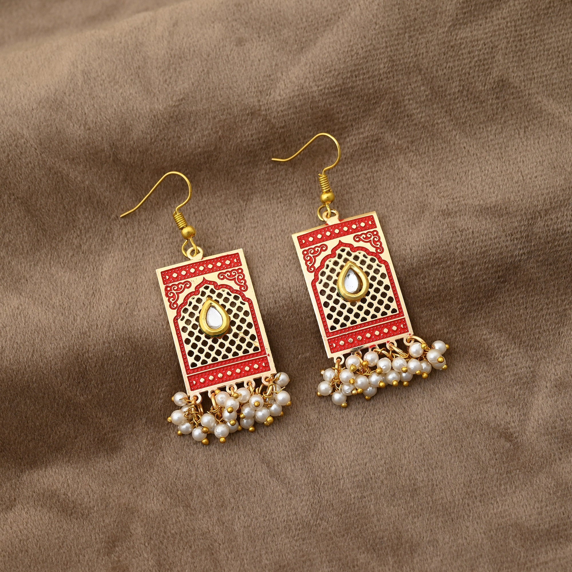 Beautiful Red Color Meenakari Earrings Crafted For Bridal Functions And Party Occasions