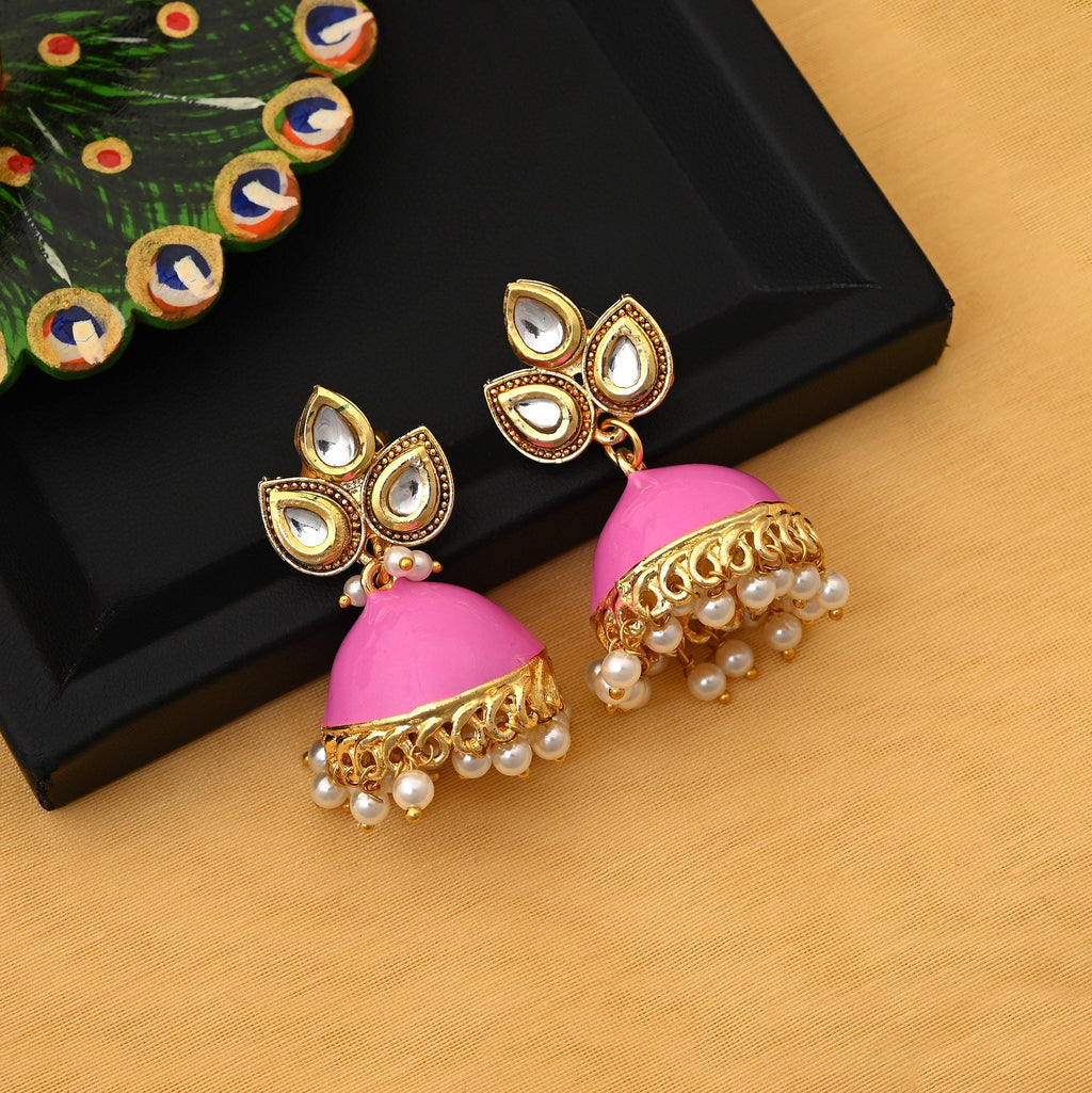 Gorgeous Pink Color Meenakari Earrings Crafted With Fine Detailing For Elegant Jewelry Style