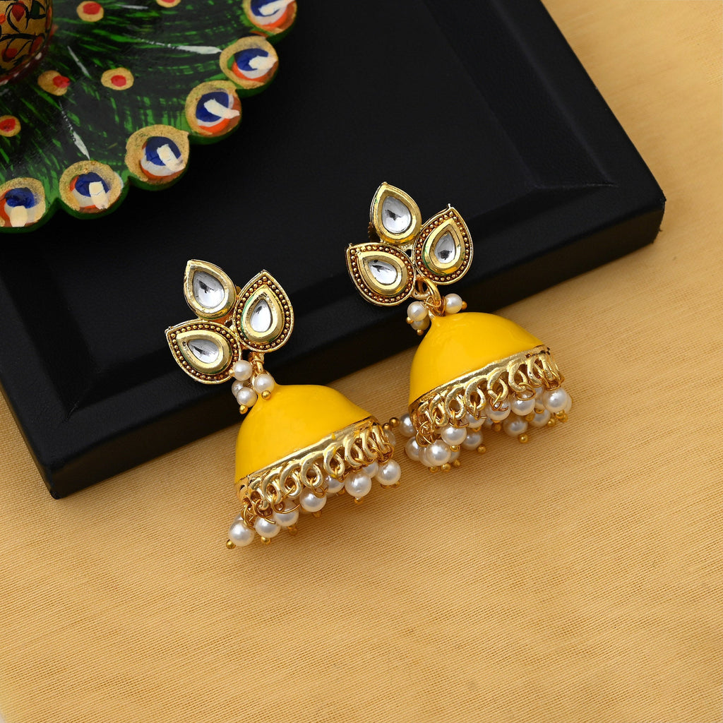 Stunning Yellow Color Meenakari Earrings Crafted For Weddings, Parties, And Cultural Dressing