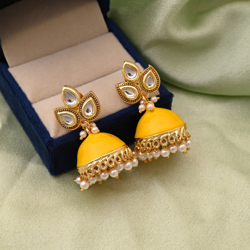Stunning Yellow Color Meenakari Earrings Crafted For Weddings, Parties, And Cultural Dressing