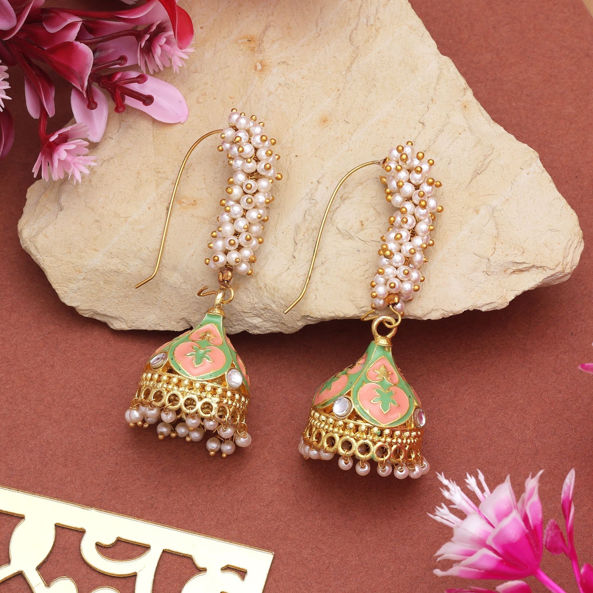 Elegant Peach & Light Green Color Meenakari Earrings With Traditional Design For Brides