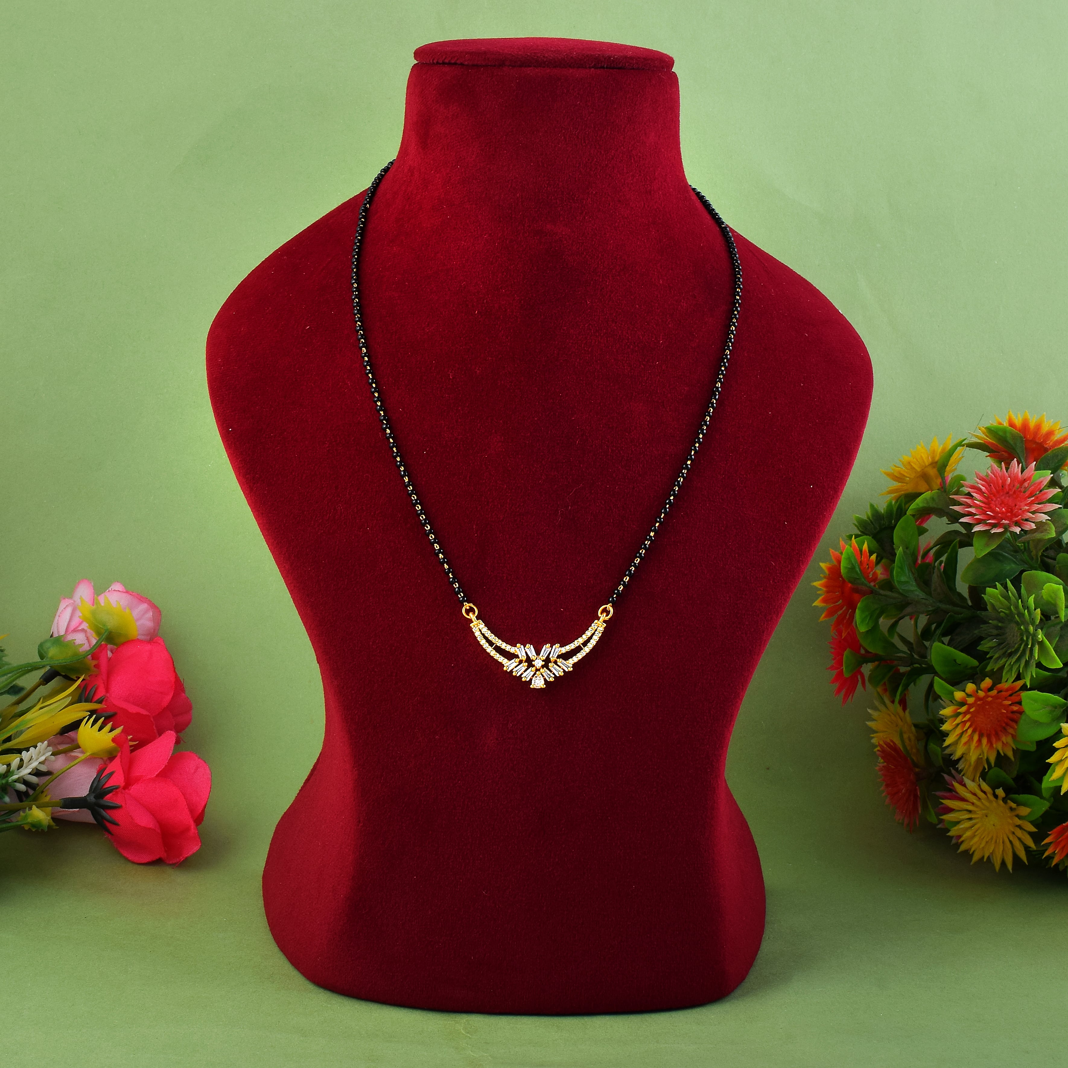 Gold Color American Diamond Mangalsutra With Intricate Pendant And Beads