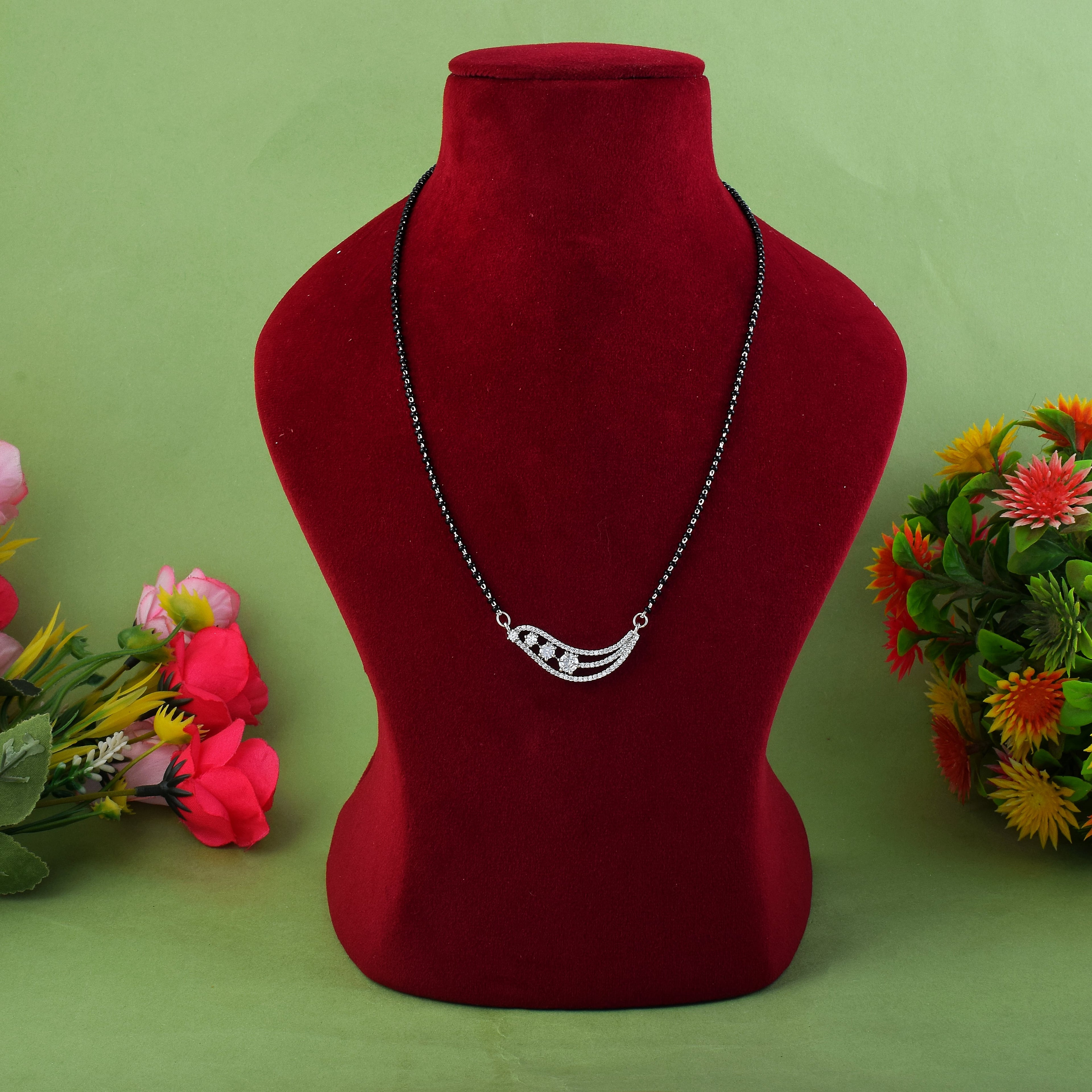 Silver Color American Diamond Mangalsutra With Small Beaded Traditional Charm