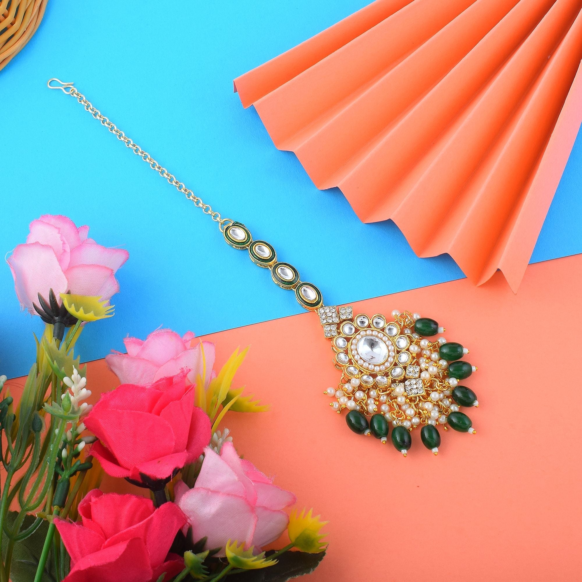 Elegant Green Color Kundan Maang Tikka Designed with Premium Handcrafted Indian Jewelry Finish