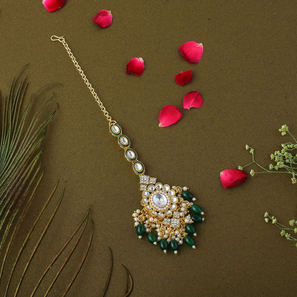 Elegant Green Color Kundan Maang Tikka Designed with Premium Handcrafted Indian Jewelry Finish
