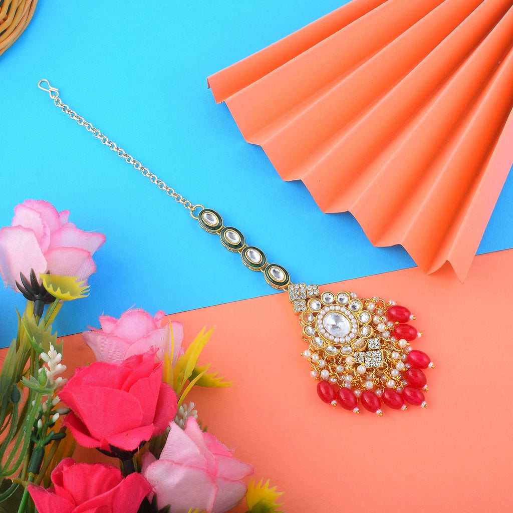 Royal Red Color Kundan Maang Tikka Designed for Brides, Weddings, and Traditional Festivals