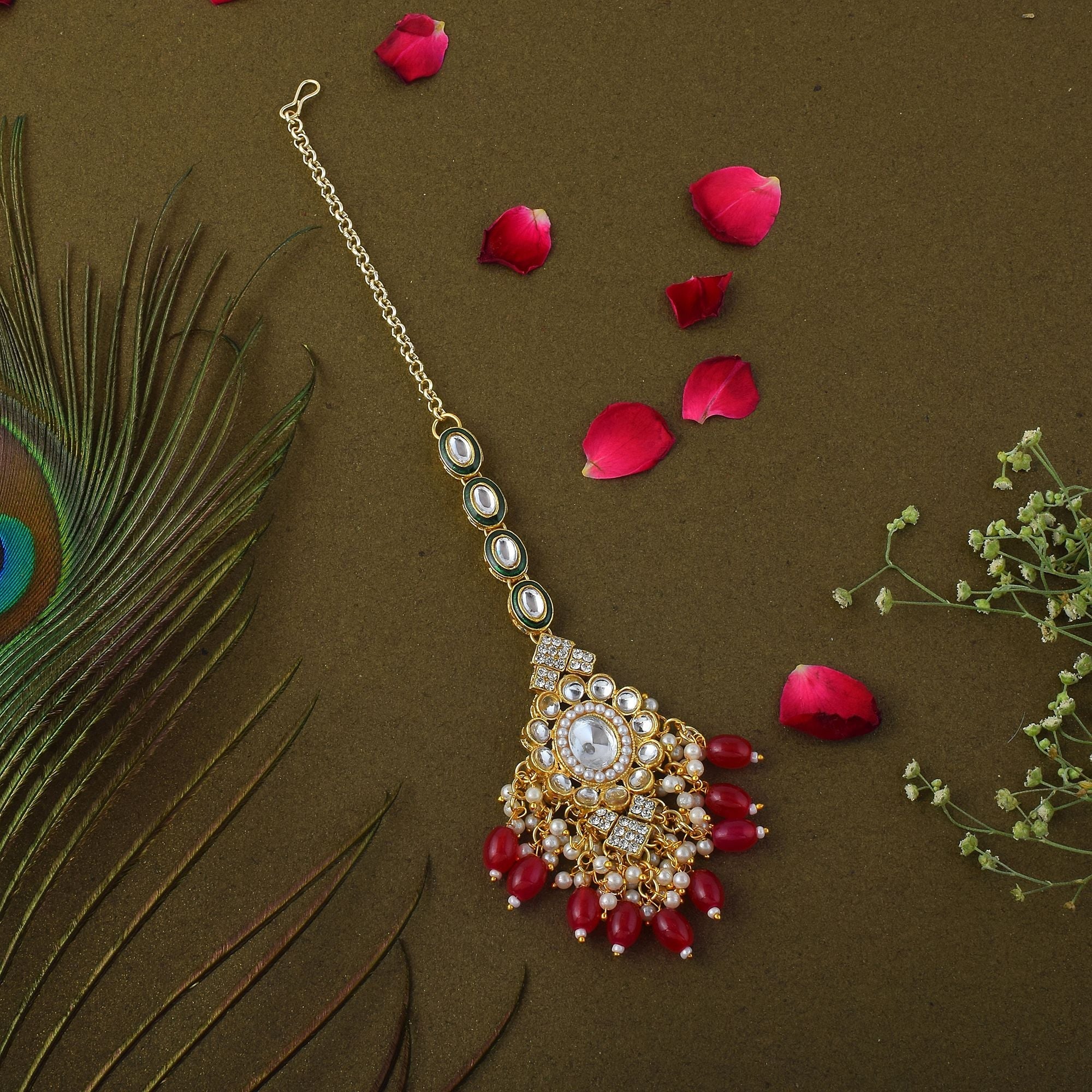 Royal Red Color Kundan Maang Tikka Designed for Brides, Weddings, and Traditional Festivals