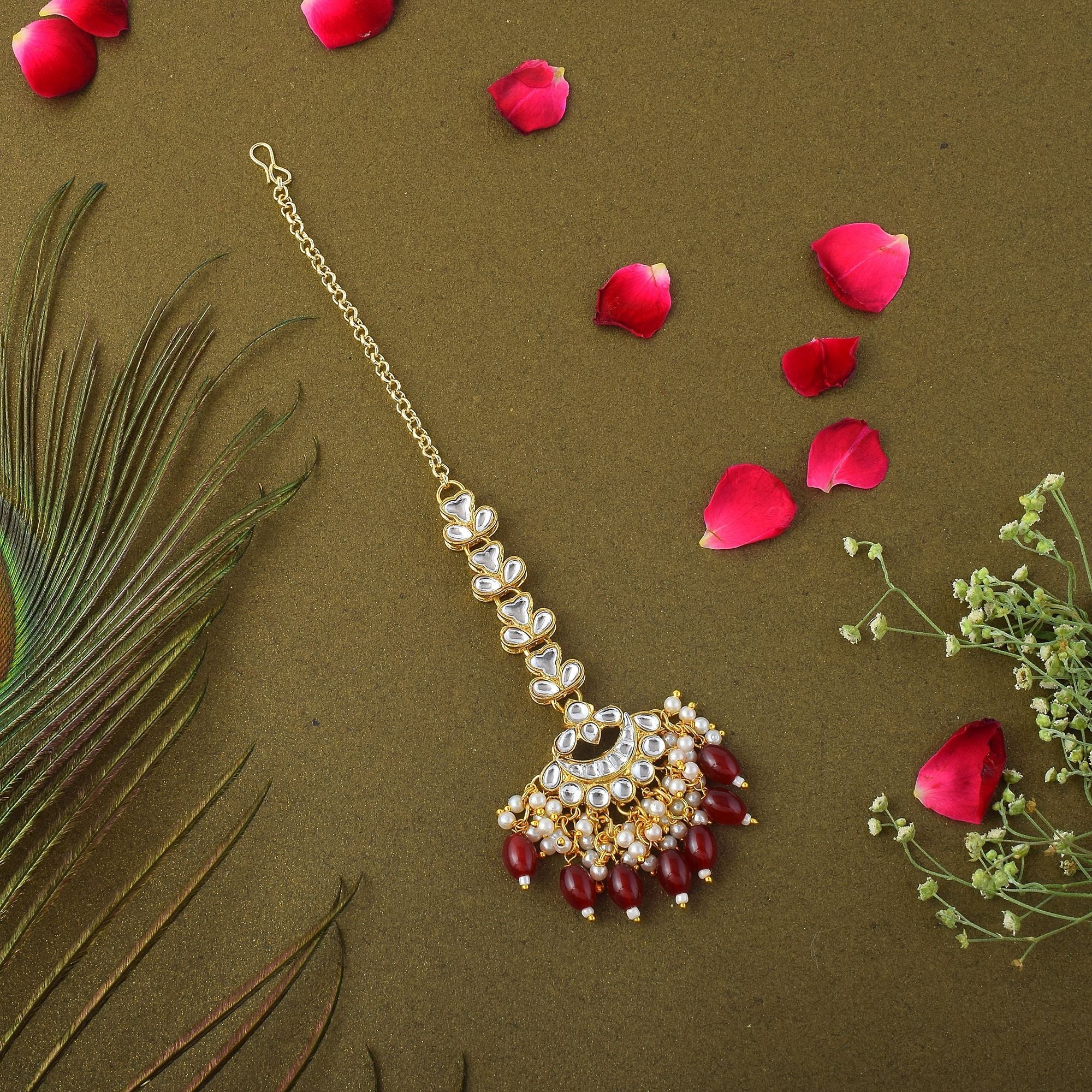 Attractive Maroon Color Kundan Maang Tikka Perfect for Brides, Weddings, and Cultural Ceremonies