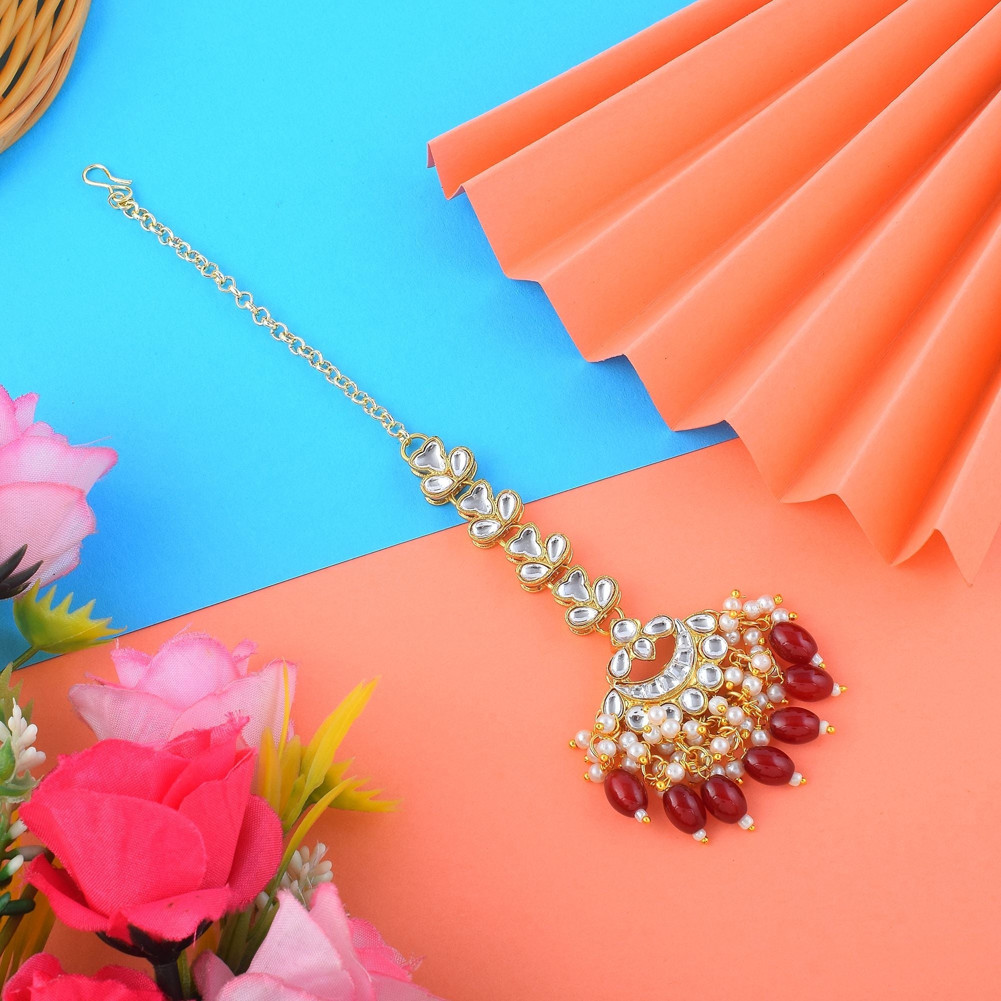 Attractive Maroon Color Kundan Maang Tikka Perfect for Brides, Weddings, and Cultural Ceremonies