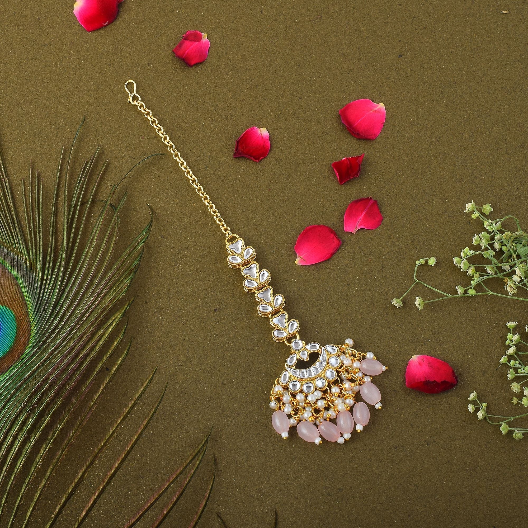 Beautiful Pink Color Kundan Maang Tikka Designed for Bridal Occasions and Ethnic Festive Wear