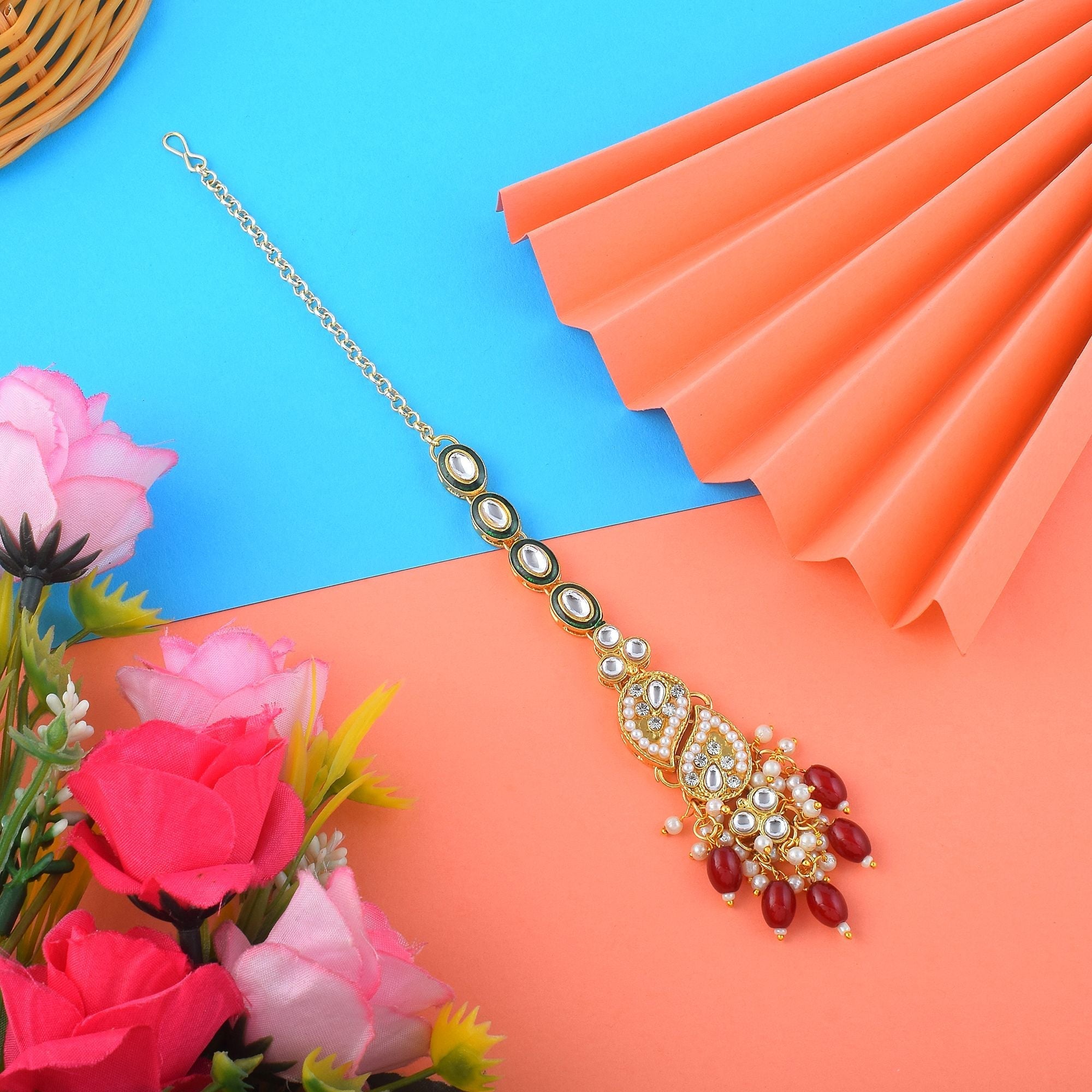 Classic Maroon Color Kundan Maang Tikka Designed for Brides, Festivals, and Party Celebrations