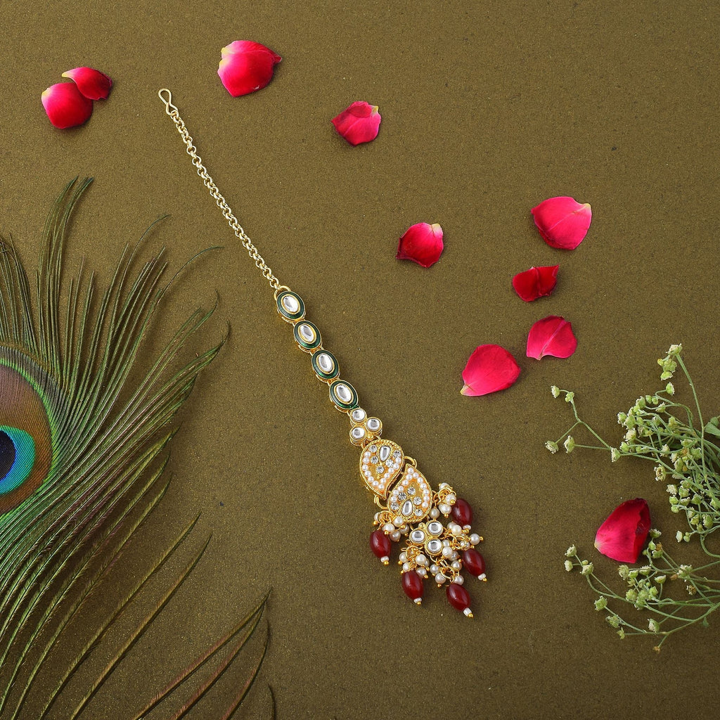 Classic Maroon Color Kundan Maang Tikka Designed for Brides, Festivals, and Party Celebrations